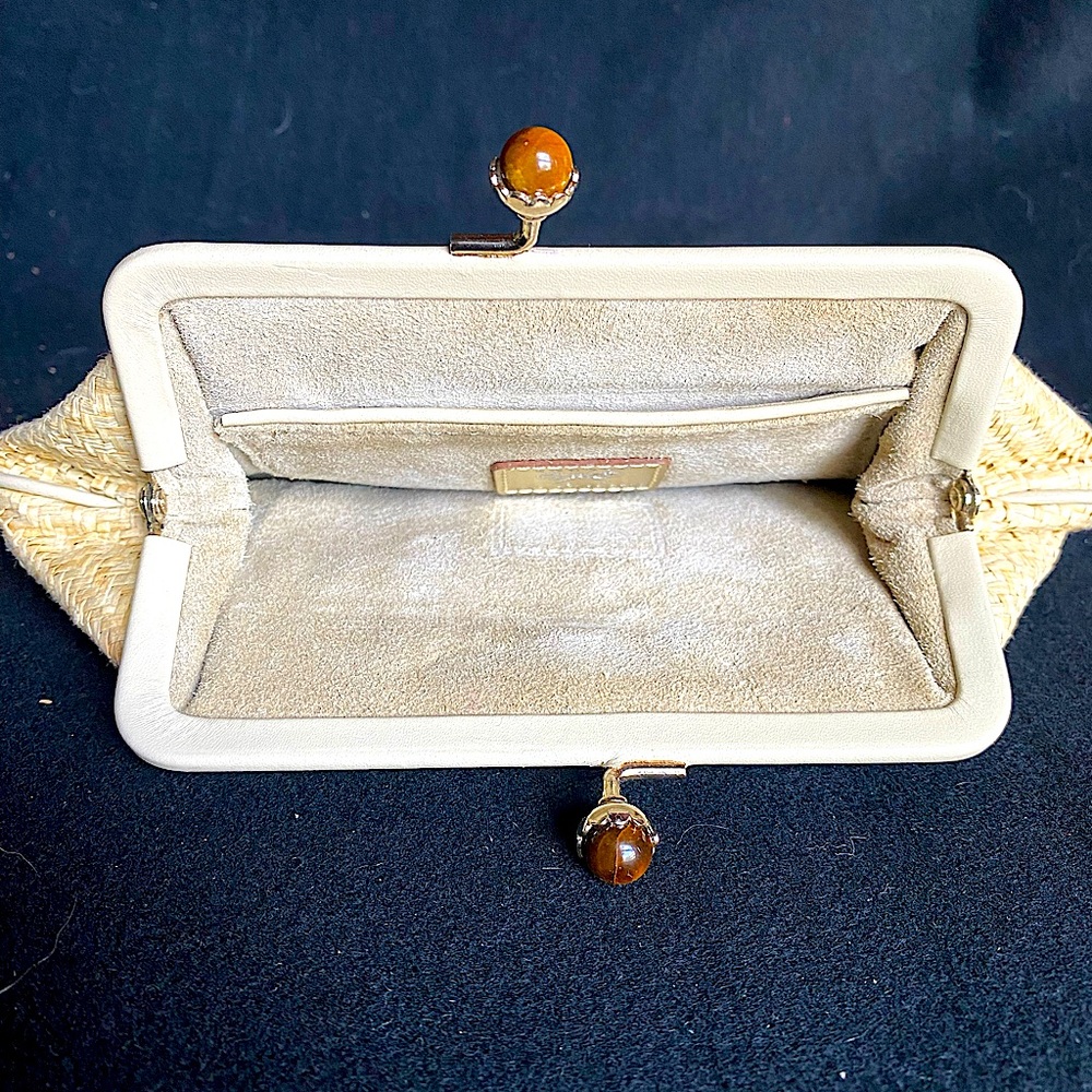 Anya Hinchmarch Tan Clutch, Tigers Eye Clasps
